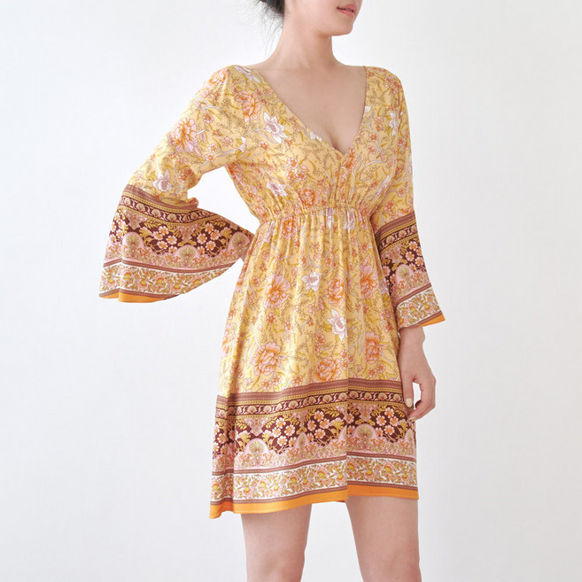 HERRINGBONE apparel 波西米亞佩斯利民族風後綁帶七分袖迷你海灘連身裙 HG132, 黃色