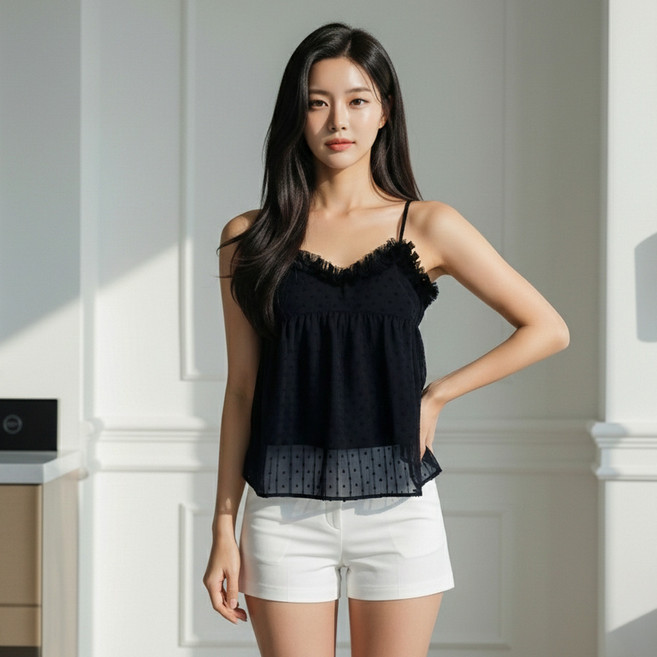 비비에모 여성용 뷔스티에 프릴 시스루 도트 나시 12656