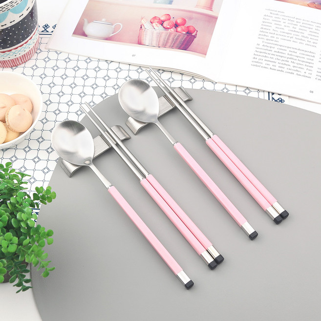 보겐 국산 스퀘어 투톤 실버 수저 + 받침 2인세트, 핑크, 1세트, 숟가락 2p + 젓가락 2p + 스텐실버수저받침 2p