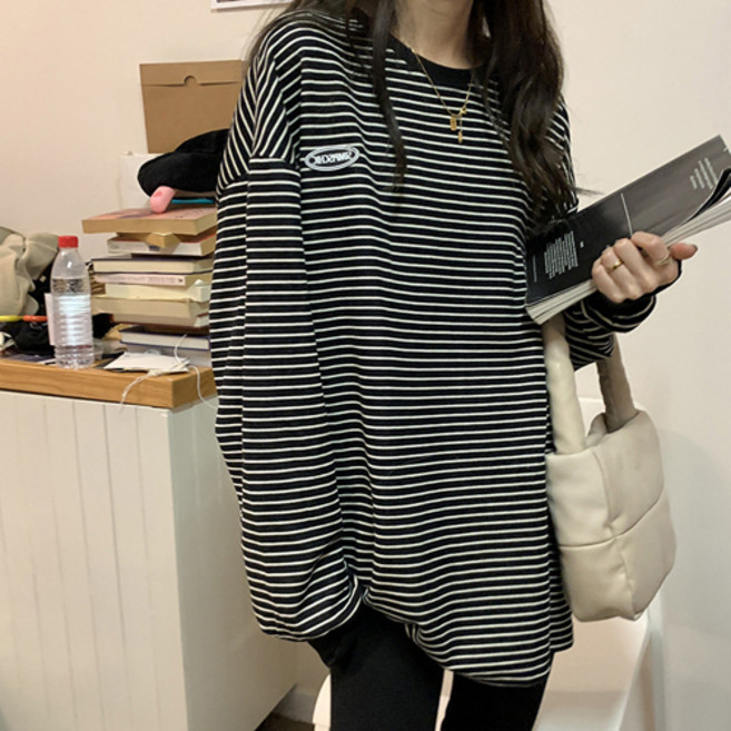 Goodif 女款寬鬆版條紋長袖長版T恤