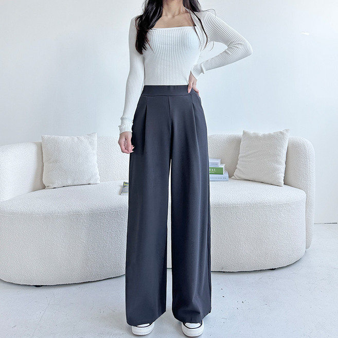 잘빠진 여성용 롱/숏 2단기장 이즈 핀턱 밴딩 와이드 스판슬랙스