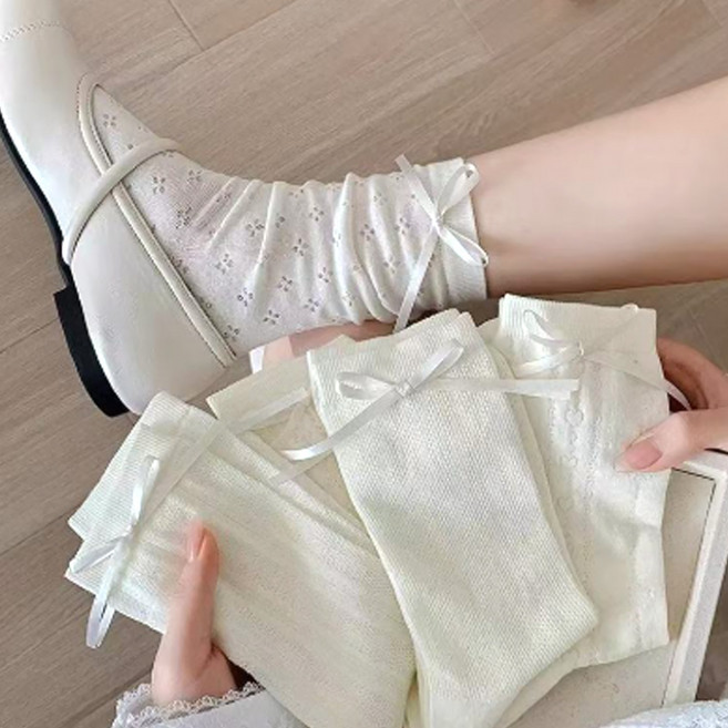 여성용 메리제인 리본 메쉬 미디 양말 5족 세트 AW11