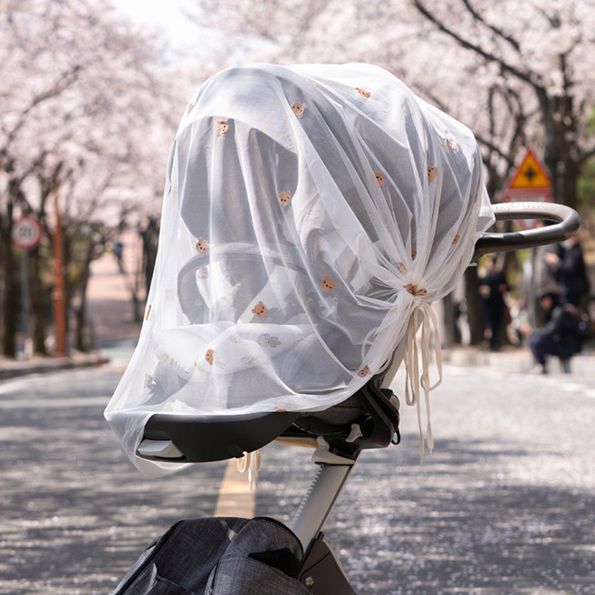 유트러스 자수 망사 벌레차단 유모차 가리개, 곰돌이, 1개
