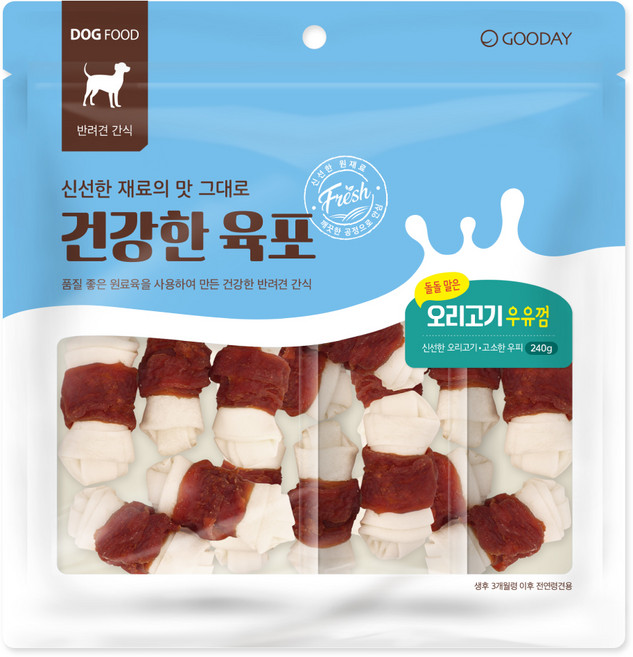 굿데이 강아지 건강한 육포말이 우유껌 간식, 오리고기, 240g, 1개