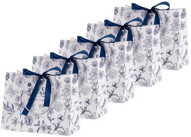 Hugoing 花卉圖案緞帶購物袋 Happy Time款, 5個, 歡樂時光 白色