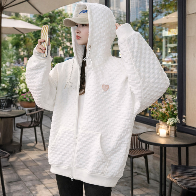 디멜디 여성용 체커보드 와플 입체 패턴 하트 자수 긴팔 후드 자켓