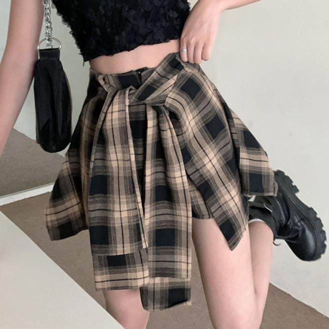 더플로우커머스 여성용 셔츠 레이어드 디자인 체크 미니 스커트 팬츠