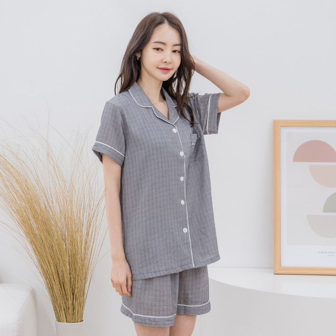 에이원 여성용 레이온 카라 반팔 상의 + 5부 하의 잠옷 세트
