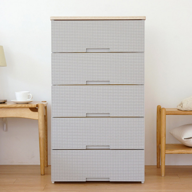 보노하우스 국내 제조 라탄플러스 우드상판 서랍장, 5단, 그레이