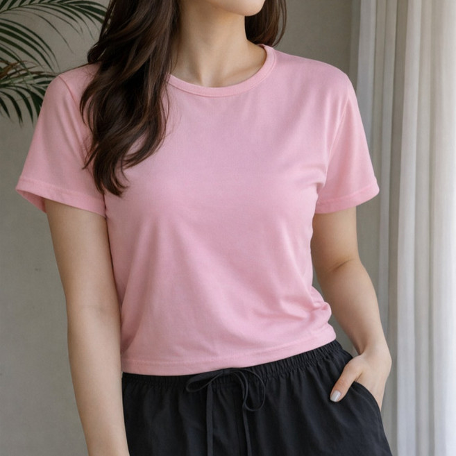 라라온 여성용 크롭 무지 냉감 스판 반팔 티셔츠 26TSP3930