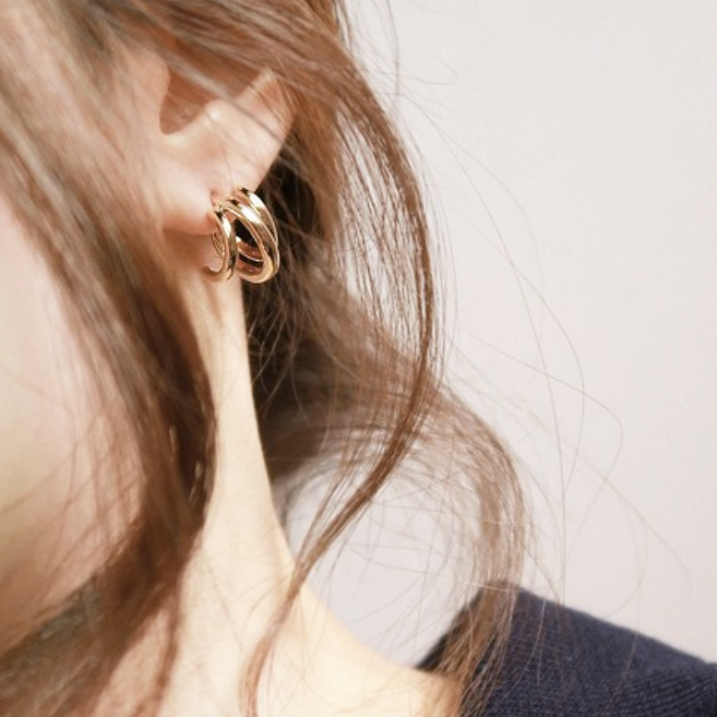 물든 여성용 세줄 볼륨 레이어드 링 귀걸이