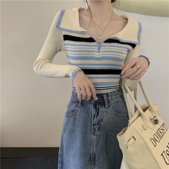 피어니스트 여성용 스트라이프 카라 반집업 골지 티셔츠