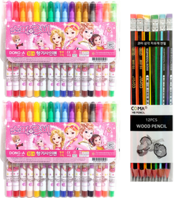 동아연필 소피루비 사인펜 16색 2p + 투코비 삼각 지우개 연필 SG-208 12p 세트, 혼합색상, 1세트
