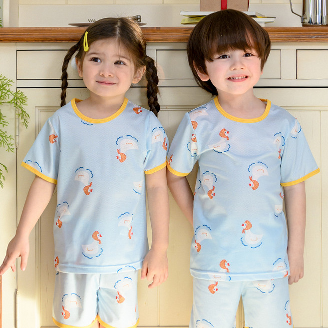 bonumam 兒童涼感透氣圍巾鴨五分空氣網眼居家服上下套裝