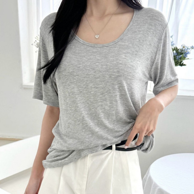 라라온 여성용 U넥 반팔 레이온 스판 기본 티셔츠 26TSP3831
