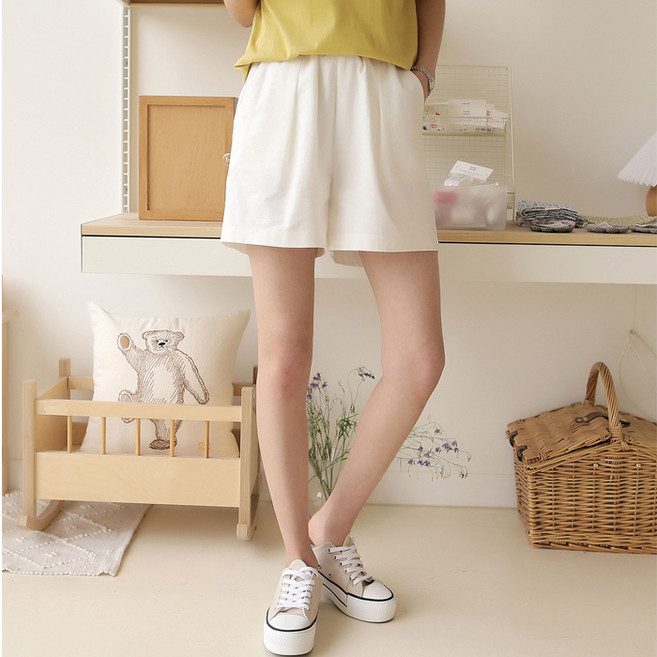 빼빼 여성용 통기성 린넨 터크 밴딩반바지