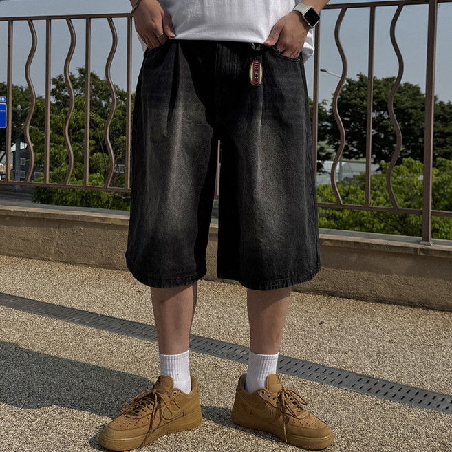 남성용 원턱 벌룬 버뮤다 와이드 데님 팬츠