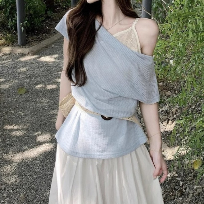 아이엠몽 여성용 루즈핏 언밸런스 오프숄더 드레이프 셔링 티셔츠 + 벨트 세트 R6H177