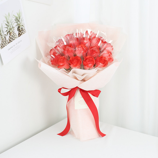 LAVINA 香皂玫瑰 20朵 現金花束 + 提袋組, 鬆餅紅(花束), 1套