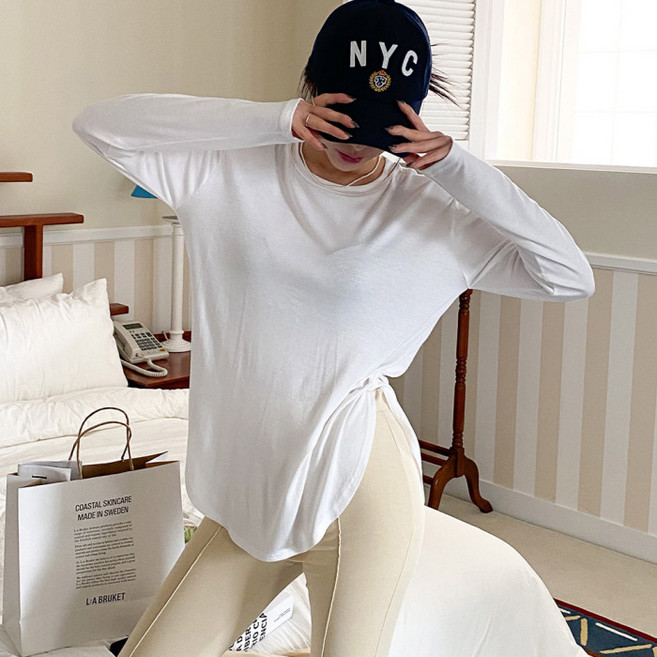 라라온 여성용 베이직 심플 라운드넥 스판 긴팔 티셔츠 25TSP3392