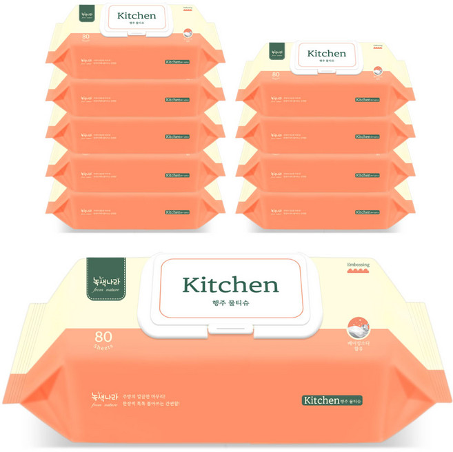 녹색나라 행주 물티슈 엠보싱 캡형, 10개, 80개입
