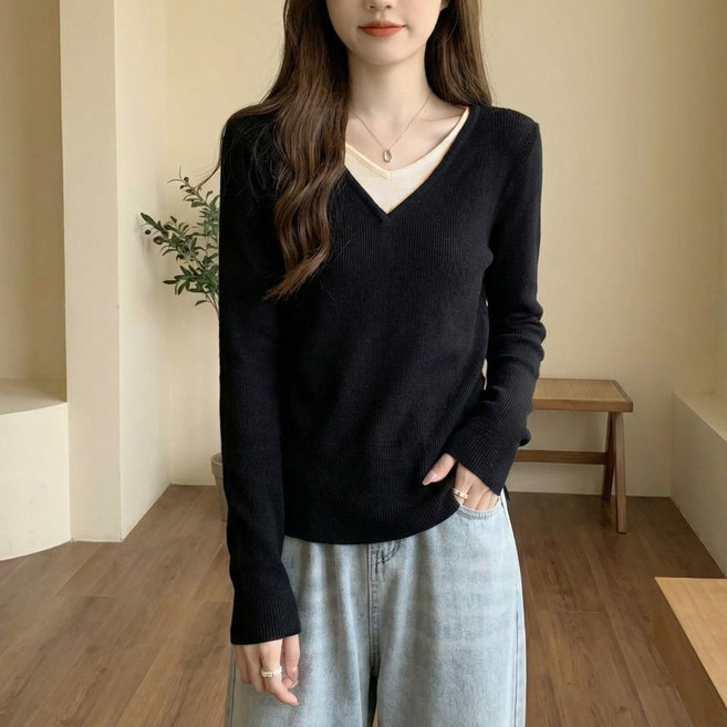 UNHEVE 女款疊穿抓皺V領T恤