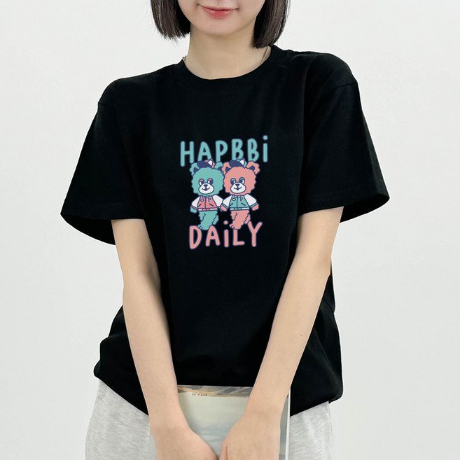 험블스튜디오 여성용 통기성 햅삐베어 프린팅 얇은 면 32수 반팔 티셔츠 KK_157_083