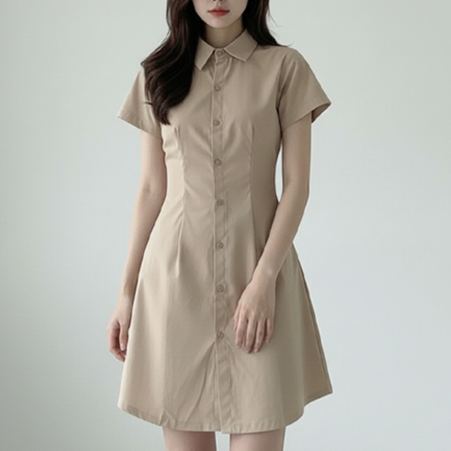 아이캔심플 여성용 슬림핏 데일리 카라넥 반팔 셔츠 원피스