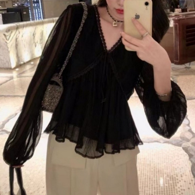 I'M MONG 女款早春雪紡荷葉邊V領罩衫