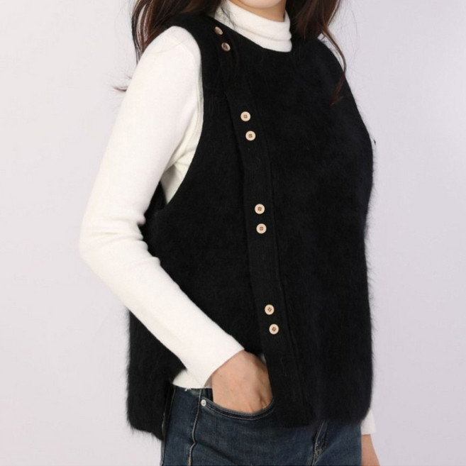 퀸이즈 여성용 언발란스 사이드 버튼 니트 조끼