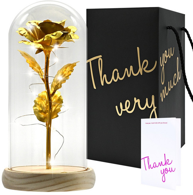 포포팬시 LED 오브제 골든 장미 유리돔 파티 무드등 대 + 메시지카드 세트 + 쇼핑백, 골드