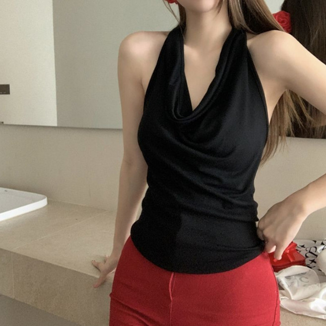 안다로미 여성용 홀터넥 백리스 민소매 나시 티셔츠