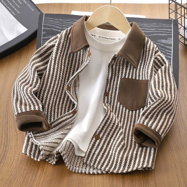 EYOUMONG 兒童寬鬆翻領撞色條紋長袖襯衫 E6S039