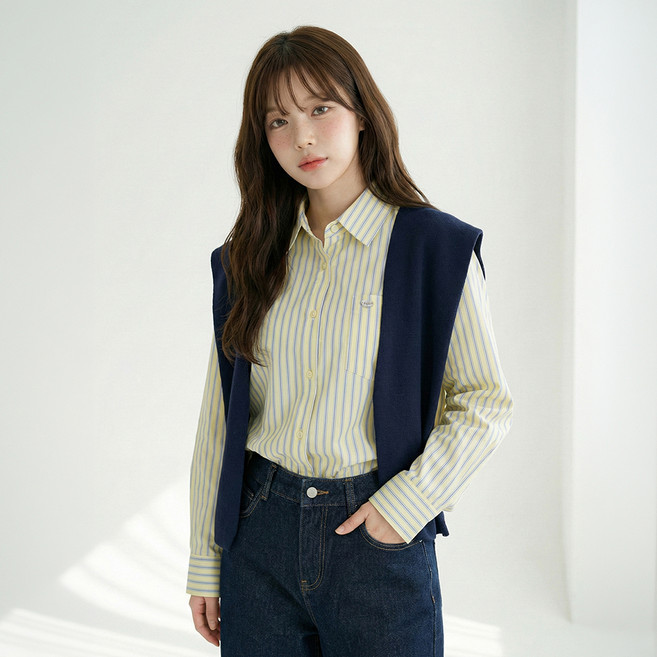 SweetSOUP 니트 숄 + 스트라이프 셔츠 세트 WC3LSJ4