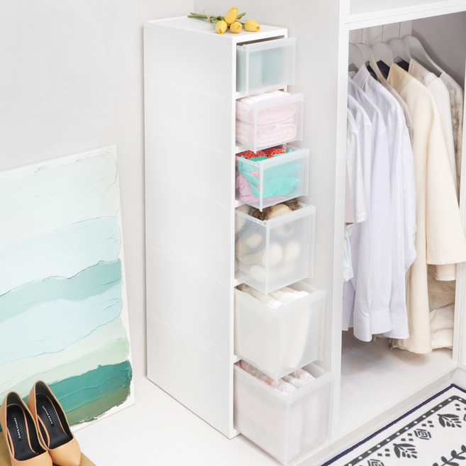 엠비코 모던 틈새 M1 스텝업 서랍장, 화이트, 반투명(서랍), 6개