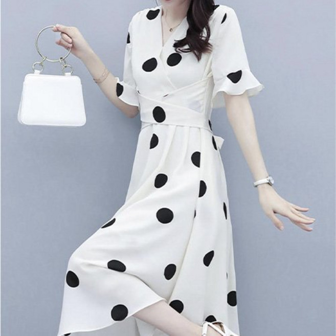 MMMII 大波點V領不對稱雪紡長版連身裙 MMM391 含大尺碼, 白色波點