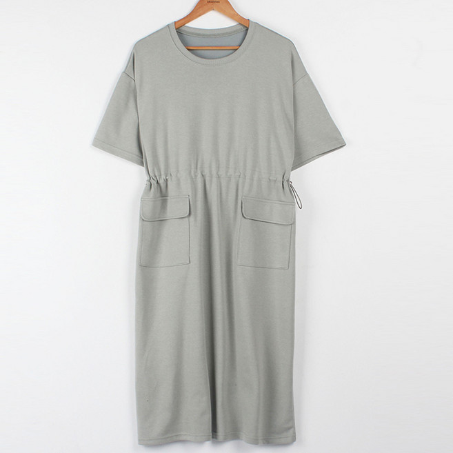 빼빼 여성용 라운드넥 허리밴딩 스트링 포켓 반팔 원피스
