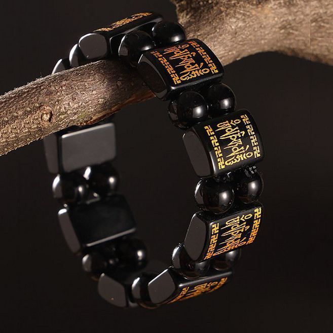 붓다베스트 행운의 소원성취 육자진언 염주 흑요석 팔찌