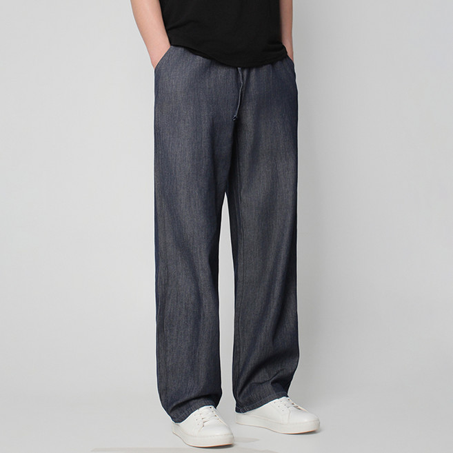 플레이즈 남성용 3단기장 논페이드 스트링밴딩 와이드 데님팬츠 기본