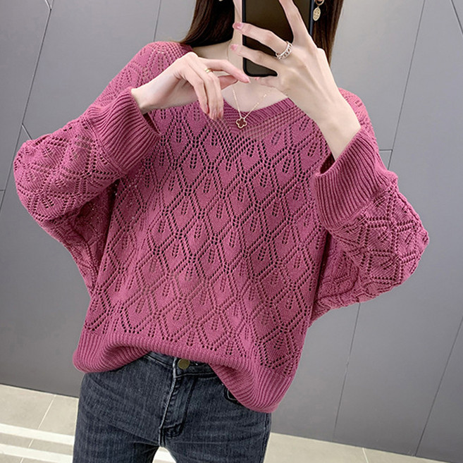 더시럽 여성용 V넥 얇은 크로쉐 긴팔 니트