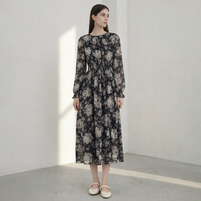 ab.f.z 女款花朵縮褶雪紡洋裝 AFY1HO38, 黑色
