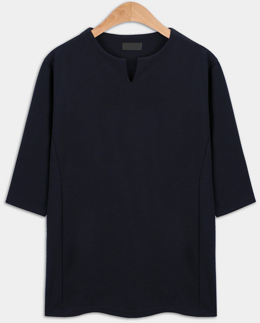 TOPBOY 大尺碼V開叉領7分袖T恤 CA275, 海軍藍