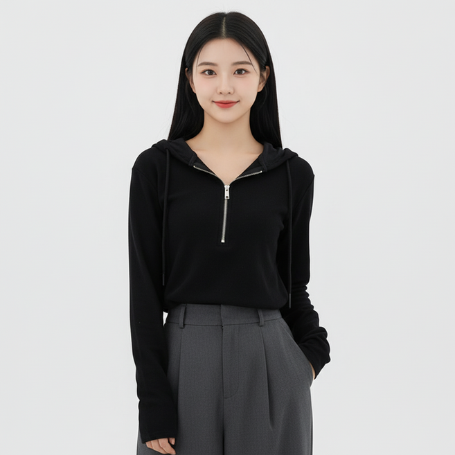 마켓피아 여성용 후드 집업넥 롱슬리브 티셔츠