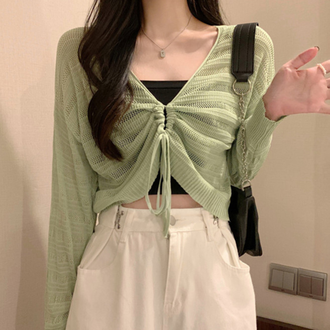 여성용 플로우폼 스트링 포인트 투웨이 니트 가디건