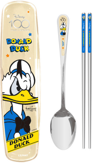 릴팡 디즈니 도날드덕 올인원 올스텐 수저 클리어 케이스 세트, 혼합색상, 숟가락 + 젓가락 + 케이스, 1세트