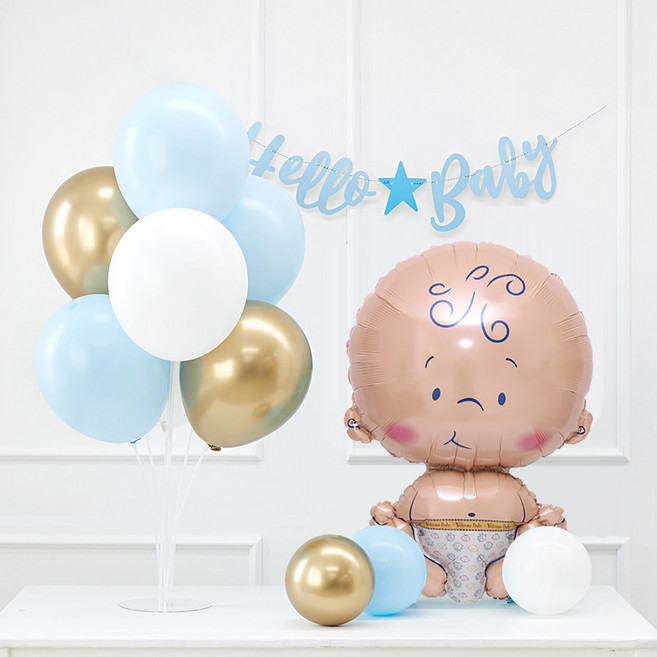 joyparty 寶寶氣球 + 氣球支架 + Hello Baby掛旗組, 1套, 藍色