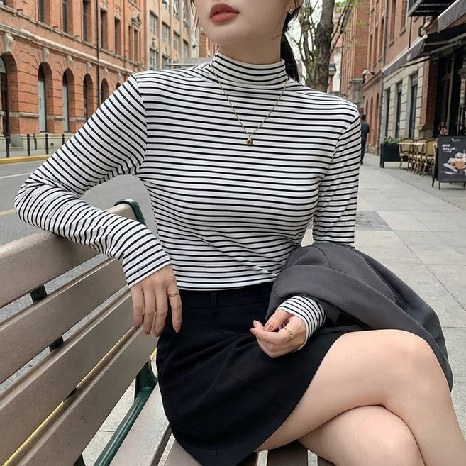 언헤브 여성용 스트라이프 하이넥 티셔츠