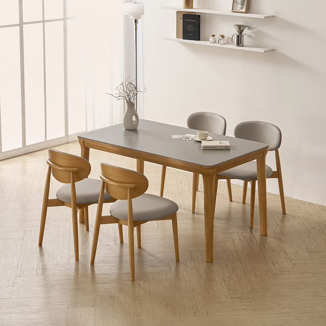 라로퍼니처 보나 1400 포세린 통 세라믹 원목 식탁 + 의자 4p 세트 4인용 방문설치, 그레이(상판), 내추럴(원목), 일반의자 4