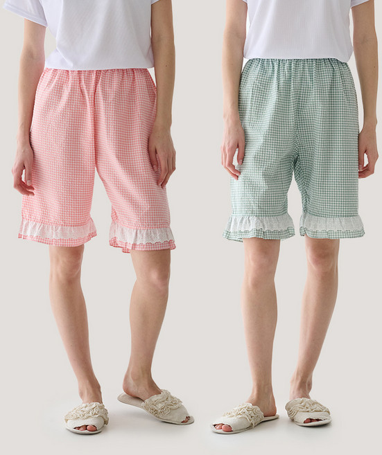 테라우드 여성용 리썸 체크 레이스 5부 파자마 바지 2종 세트