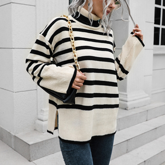 레몬소울 여성용 웨이드 단가라 배색 폴라 니트티